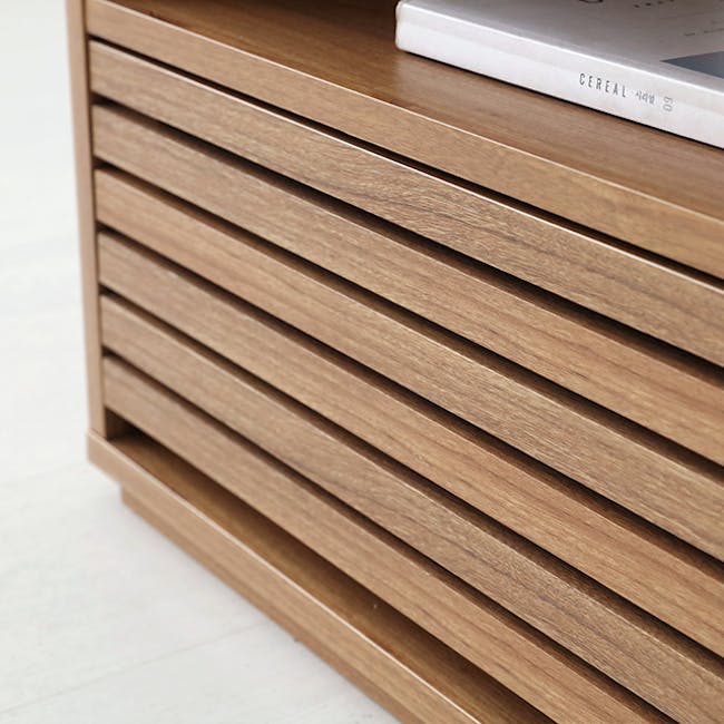 Sholid Bedside Table - 9 - Wooden drawer unit, minimalist design, horizontal slats, light brown finish, modern aesthetic