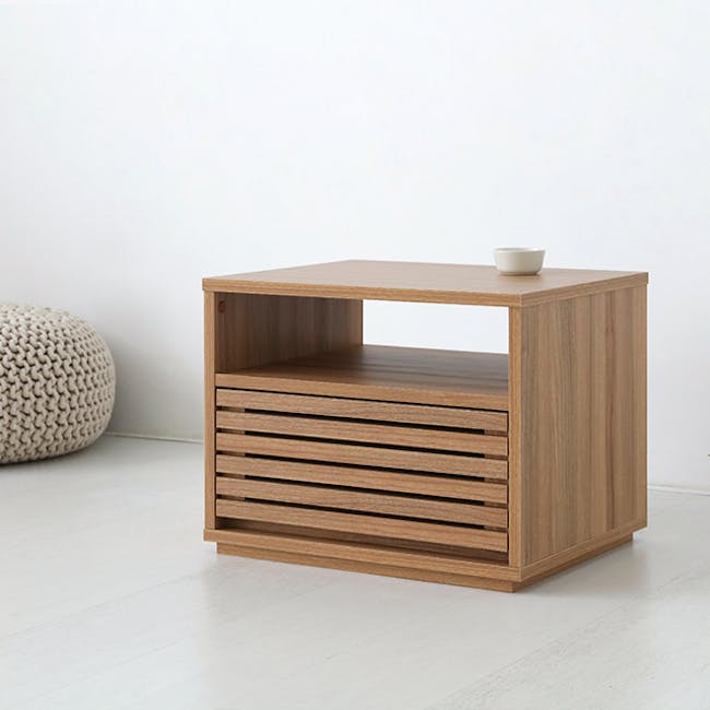 Sholid Bedside Table - 6 - Wooden side table, minimalist design, light wood finish, open top, built-in storage, rectangular