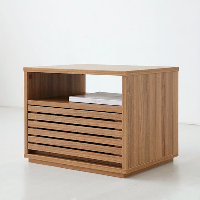 Sholid Bedside Table - 5 - Wooden TV stand with integrated shelves, minimalist design, modern aesthetic, light wood finish