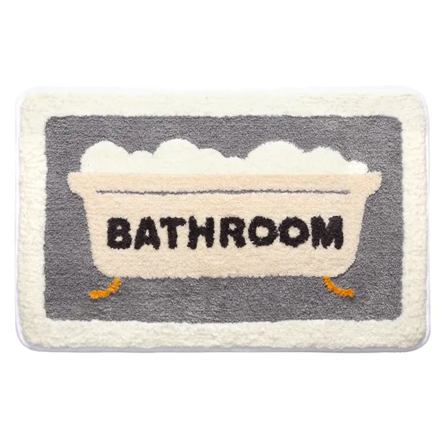 Toby Bath Mat - Bathtub - 1 - Bath tub, beige, fluffy, white, bathtub design, "BATHROOM" text, decorative, soft texture