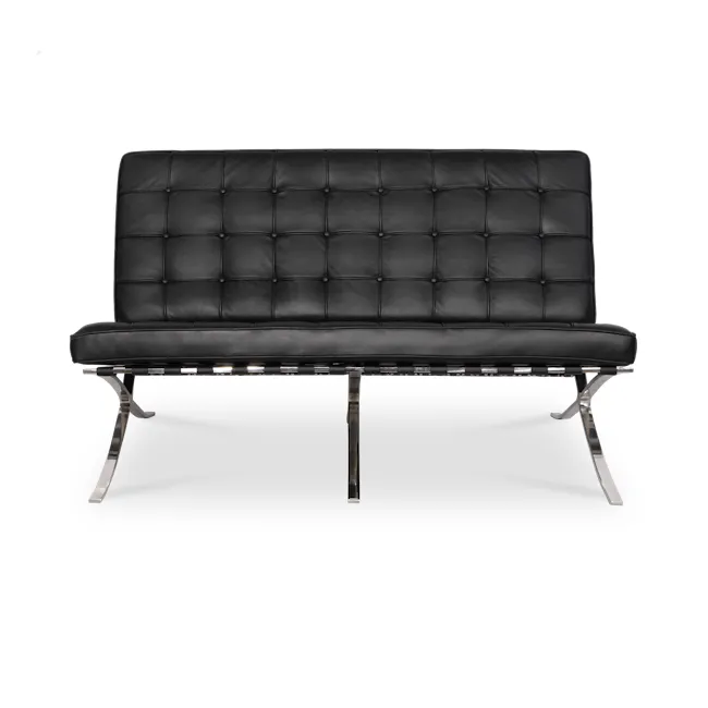 Benton 2 Seater Sofa - Black (Genuine Cowhide) - 15 - Black leather upholstered bench, sleek metal frame, minimalist design