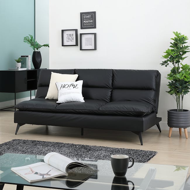 Helge 3 Seater Sofa Bed - Black (Faux Leather) - 2