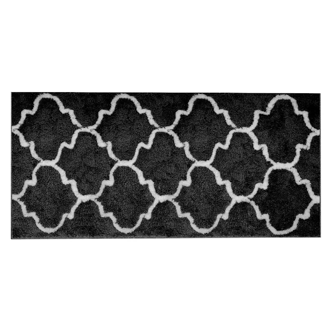 Lattice Long Floor Mat - Black - 1 - Black and white geometric pattern, intricate design, ornate border, textured surface