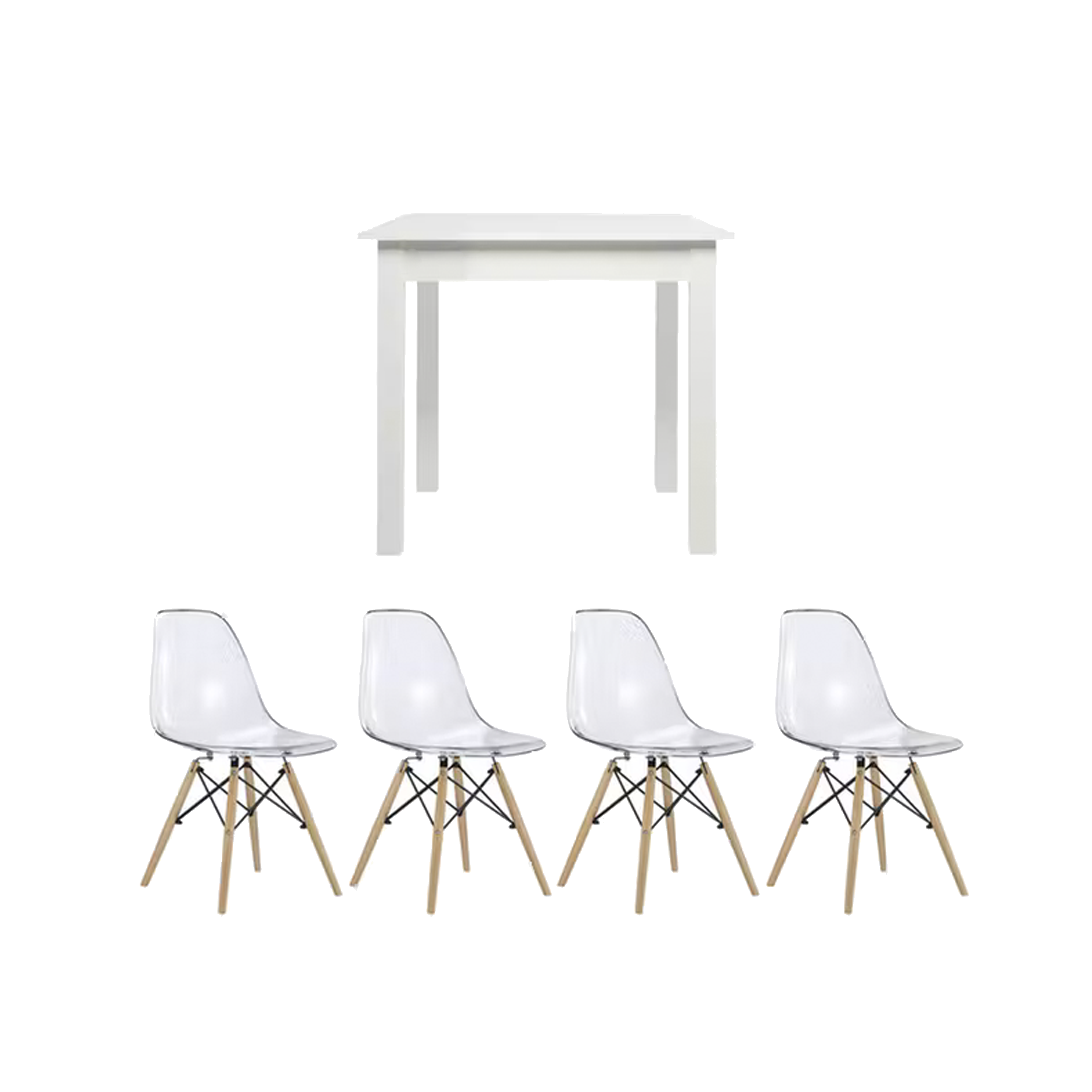 Jonah Extendable Table 0.8m-1.2m in White with 4 Oslo Chair in Natural, Clear - 1 x Jonah Extendable Table 0.8m - White, 4 x Oslo Chair - Natural, Clear