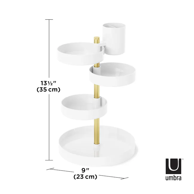 Pirouette Rotating Organiser - White - 8 - White tiered lamp, 13 1/2 inches height, 9 inches diameter, gold-colored stand