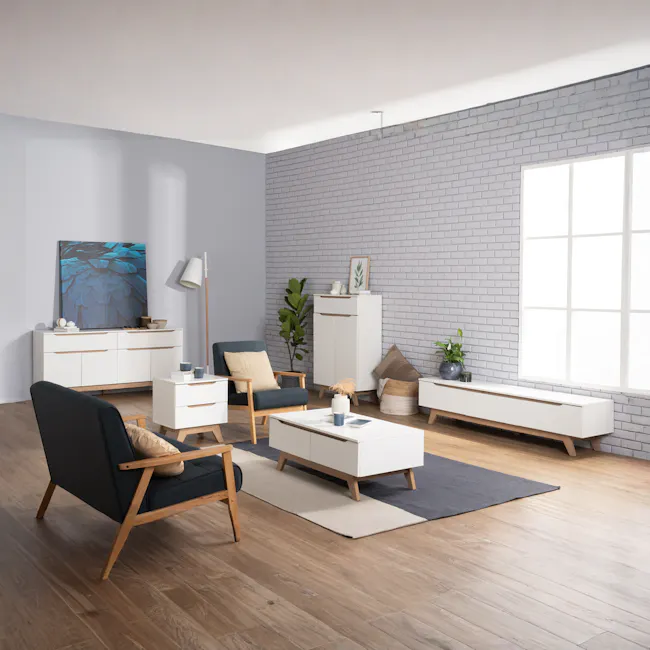 Nolan King Bed in Silver Fox with 2 Miah Bedside Table in White - 13 - Modern minimalist living room with gray brick wall