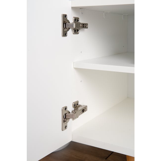 (As-is) Aalto TV Cabinet 1.6m - White, Natural - 15 - 54 - Metallic hinge, white wall, empty shelves, minimalist design
