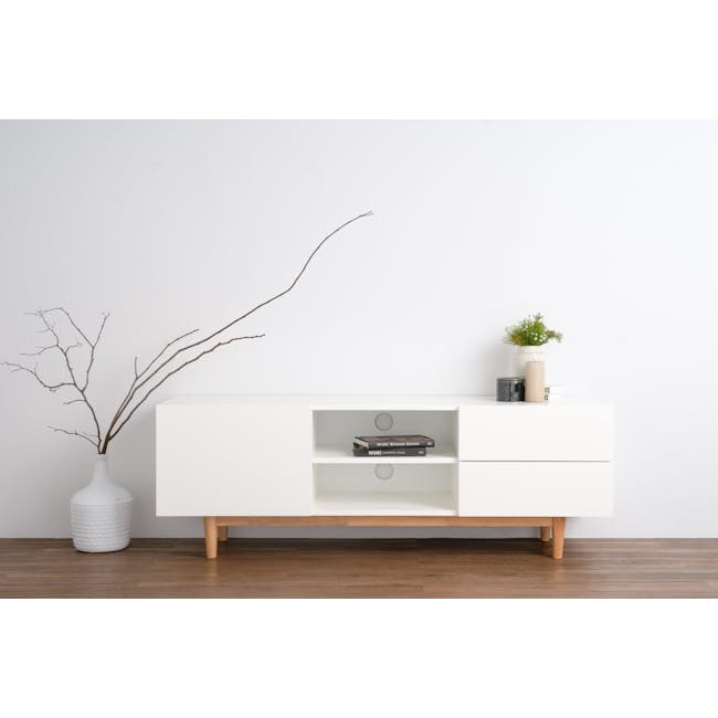 (As-is) Aalto TV Cabinet 1.6m - White, Natural - 15 - 50 - White minimalist cabinet, wooden floor, modern decor, bare
