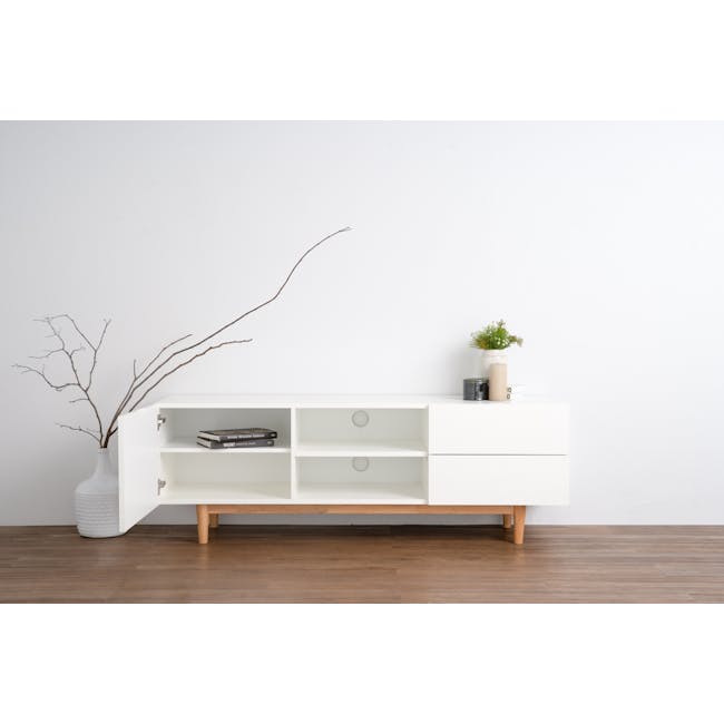 (As-is) Aalto TV Cabinet 1.6m - White, Natural - 15 - 53 - White minimalist cabinet, wooden floor, modern decor, empty