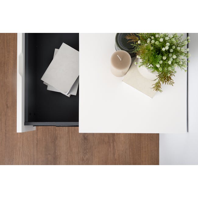 (As-is) Aalto TV Cabinet 1.6m - White, Natural - 15 - 56 - White drawer, black interior, neatly stacked papers, wooden