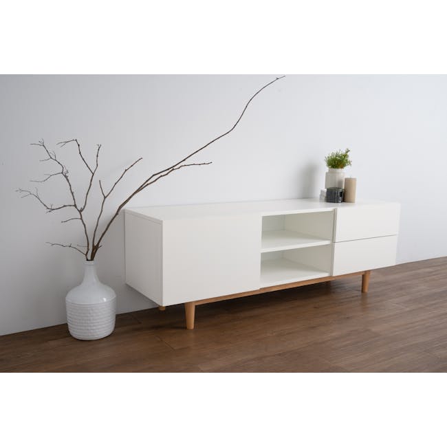 (As-is) Aalto TV Cabinet 1.6m - White, Natural - 16 - 13 - White minimalist cabinet, wooden floor, modern decor, white vase