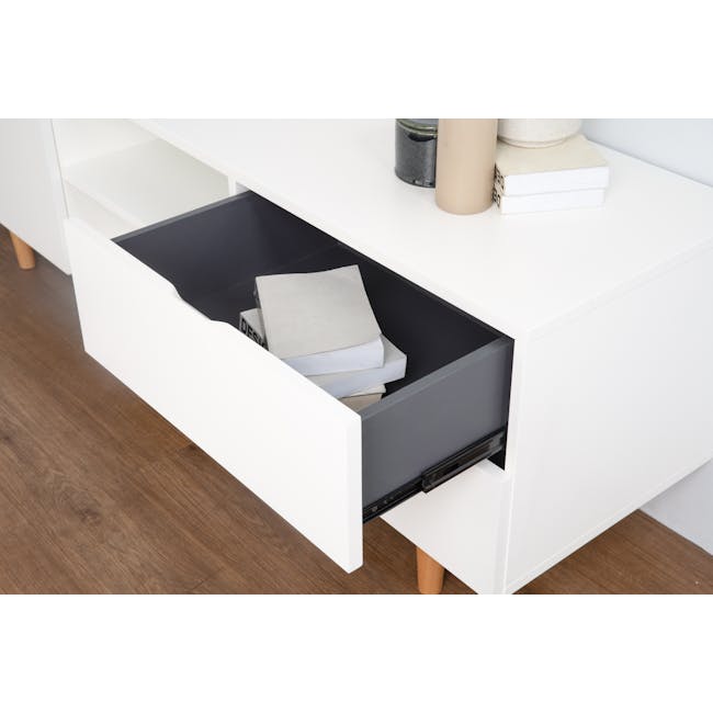 (As-is) Aalto TV Cabinet 1.6m - White, Natural - 16 - 18 - White modern cabinet drawer, neatly organized papers, stack of