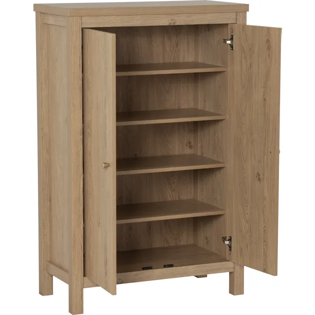 Rhodes Shoe Cabinet - 6 - Wooden cabinet with open doors, minimalist design, light brown finish, built-in shelving, empty