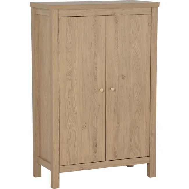 Rhodes Shoe Cabinet - 5 - Light wood cabinet with natural grain texture, two doors with cream-colored knobs, minimalist