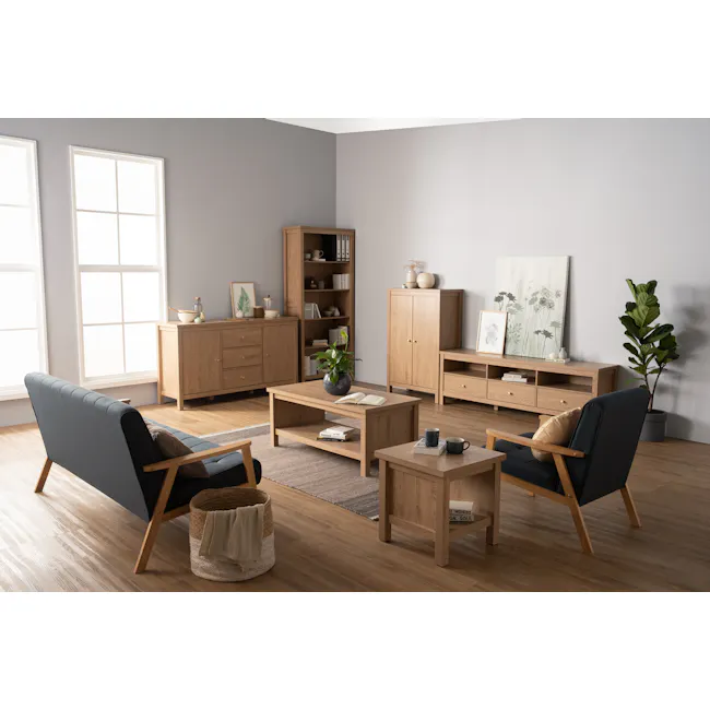 Rhodes Shoe Cabinet - 4 - Modern living room with large windows, light gray walls, wooden furniture, cozy seating area