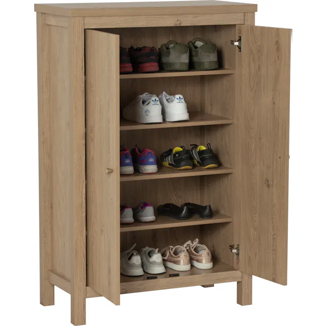 Rhodes Shoe Cabinet - 3 - Wooden shoe cabinet, open shelves, neatly organized shoes, various styles, Adidas sneakers, wooden