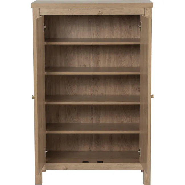 Rhodes Shoe Cabinet - 7 - Wooden shelf, minimalist design, open cabinet, wooden texture, natural finish, shelf unit, empty