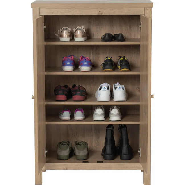 Rhodes Shoe Cabinet - 2 - Wooden shoe cabinet, neatly organized shoes, various styles, sneakers, boots, athletic shoes