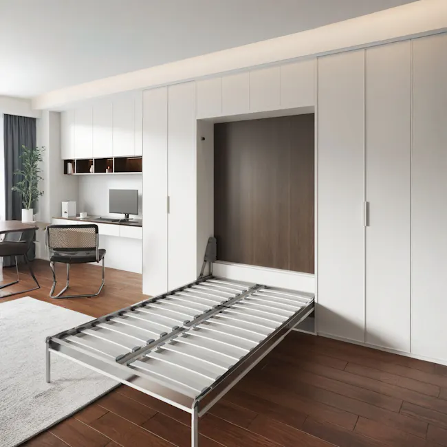 Llyod Super Single Vertical Wall Bed with Desk - White - 8 - Modern minimalist bedroom, sleek storage unit, floating shelf