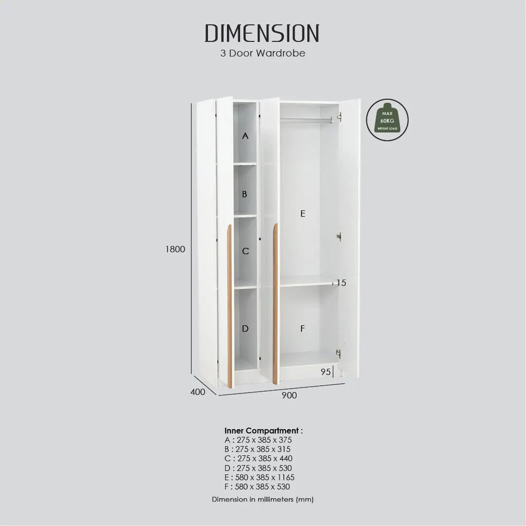 Miah 3 Door Wardrobe - Walnut, Grey - 13 - 3 Door Wardrobe, Dimension 1800mm x 900mm, Inner Compartment dimensions