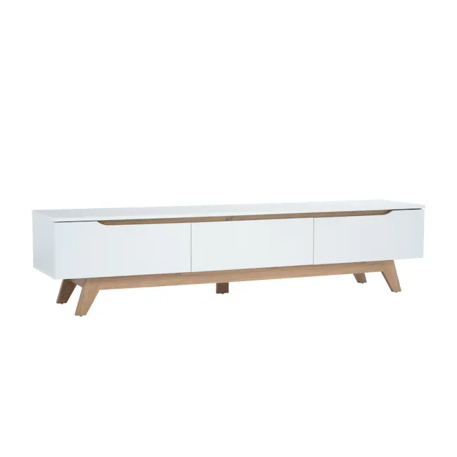 Miah TV Console 1.8m - Natural, White - 3 - White modern cabinet with wooden legs, minimalist design, clean lines, simple