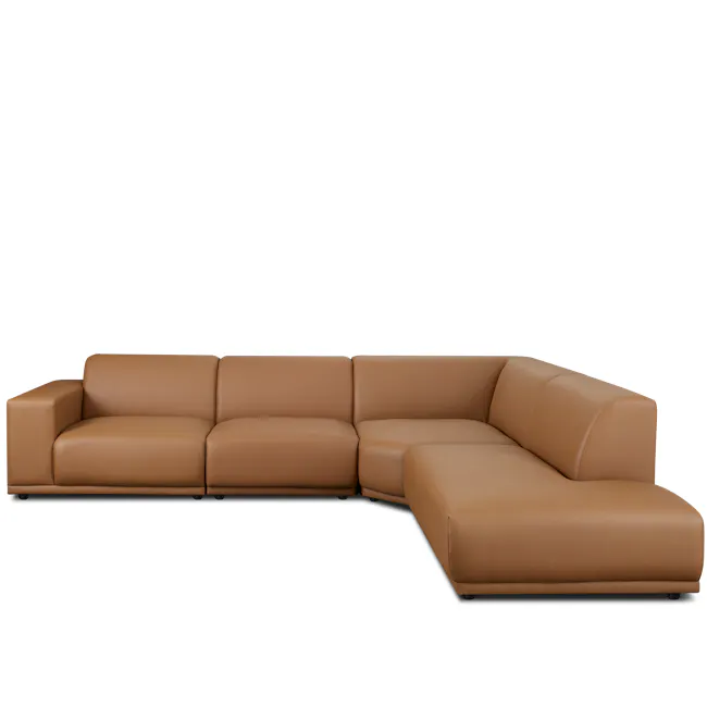 Milan 4 Seater Corner Extended Sofa - Caramel Tan (Faux Leather) - 1 - Luxurious brown leather sofa, modern design
