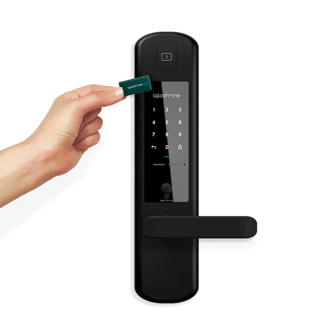 igloohome Smart Mortise 2 - 8 - Black keypad with green unlock button, Digital lock interface with numeric keypad, User