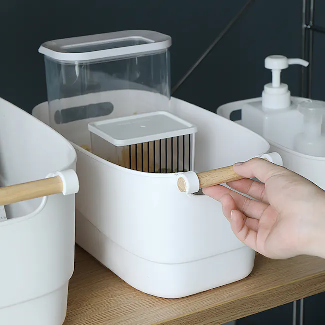 Maddy Storage Box with Wooden Handle - Medium - 6 - White plastic storage bins, wooden handle, countertop, modern kitchen