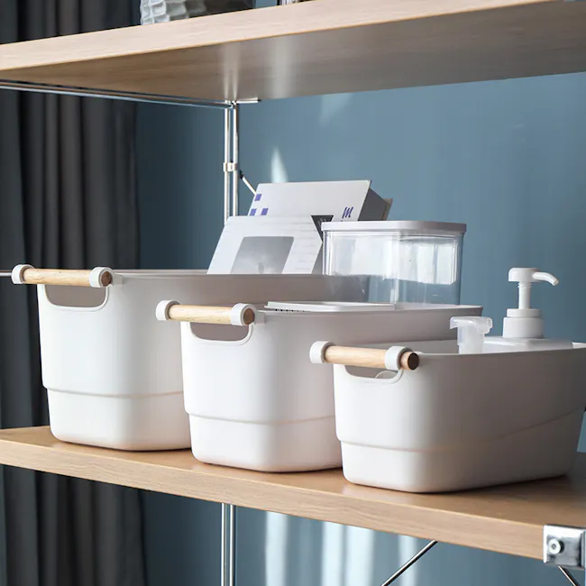 Maddy Storage Box with Wooden Handle - Medium - 3 - White storage bins, wooden shelves, minimalist design, modern bathroom