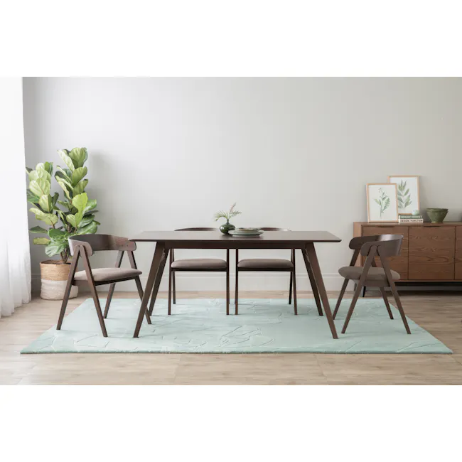 Melda Dining Armchair - Chestnut - 2 - Modern dining room with wooden furniture, light blue rug, minimalist decor, large
