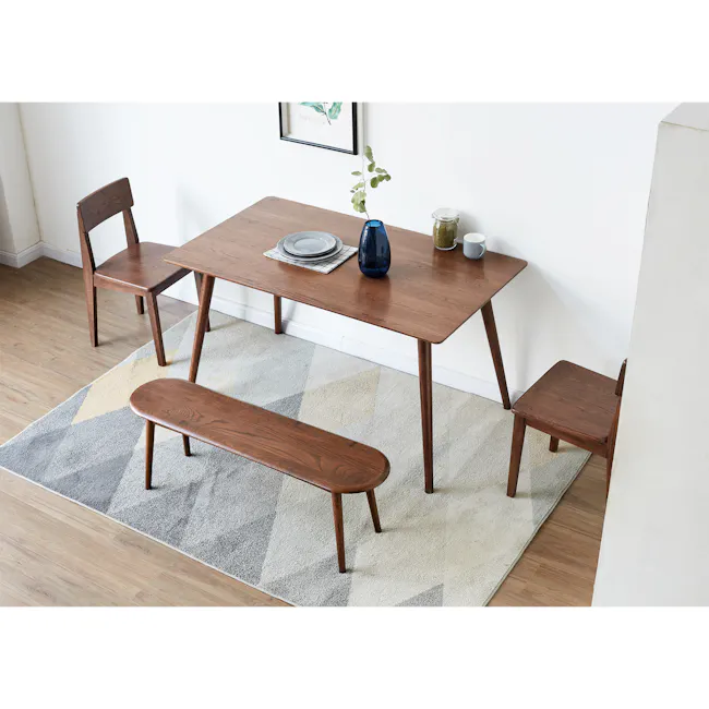 Felda Bench 1.4m - Walnut - 4 - Wooden dining table, minimalist design, modern furniture, wooden chairs, geometric rug