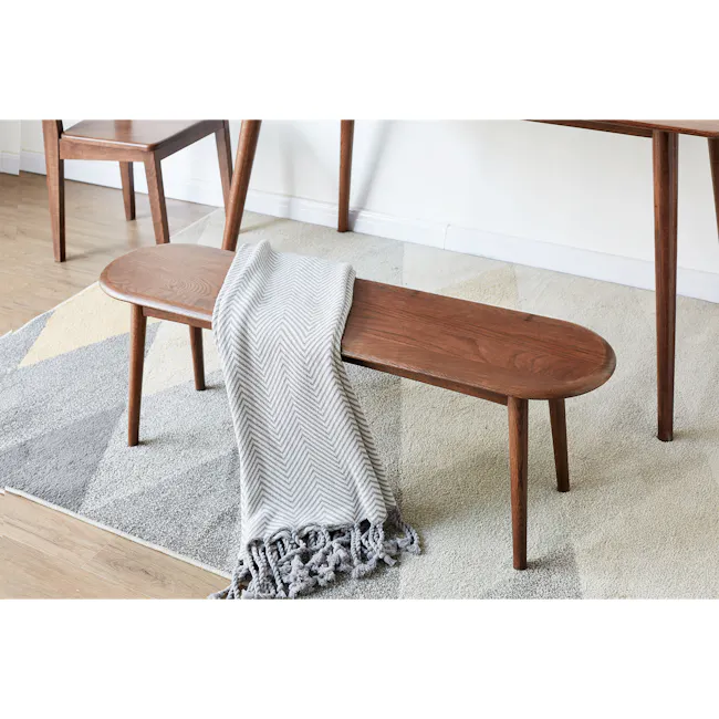 Felda Bench 1.4m - Walnut - 8 - Wooden bench, beige carpet, gray and white chevron blanket, wooden legs, light wooden floor