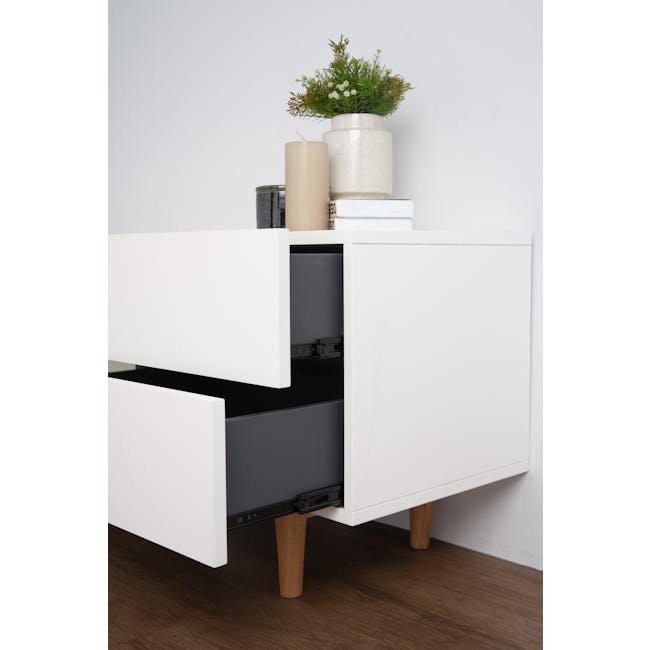 (As-is) Aalto TV Cabinet 1.6m - White, Natural - 15 - 57 - White cabinet with open drawers, wooden legs, minimalist design