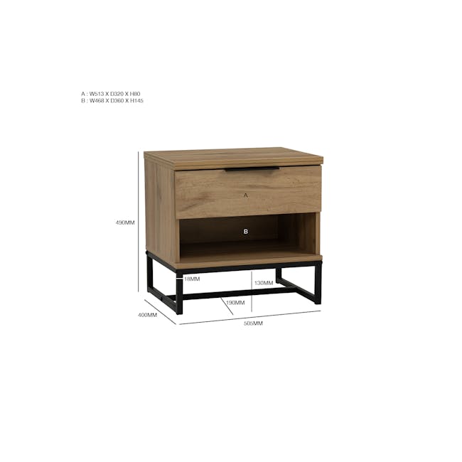 Wayne Bedside Table - Black, Wotan Oak - 8 - Wooden side table, A513 X D320 X H80, B468 X D360 X H145, 490mm height, 18mm