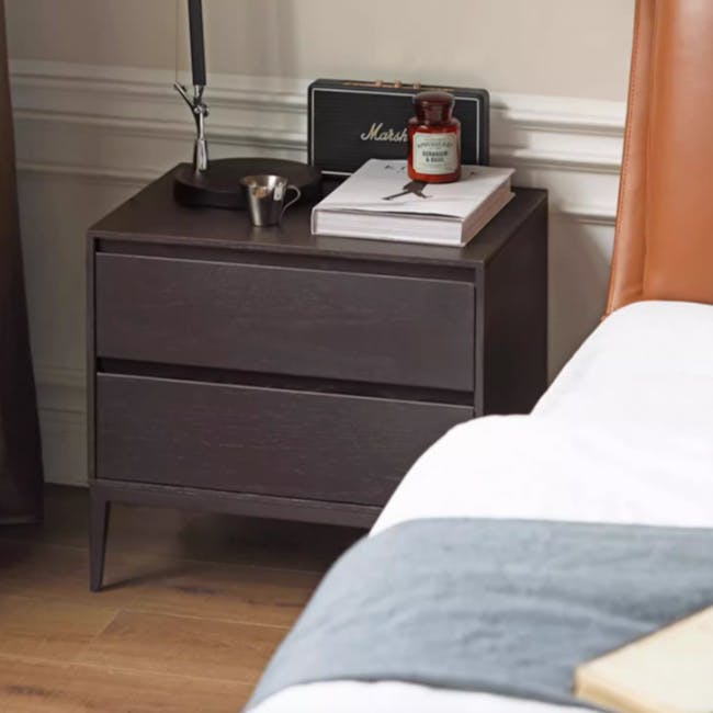 Noir Bedside Table - 8 - dark wooden nightstand, bedside table, brown leather chair, white bedspread, wooden floor, black