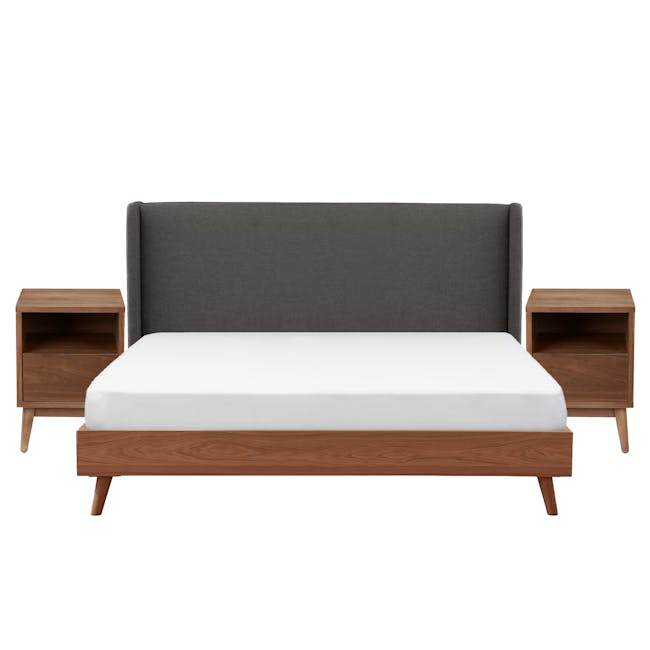 Elias King Bed in Walnut with 2 Kyoto Bottom Drawer Bedside Tables in Walnut - 0