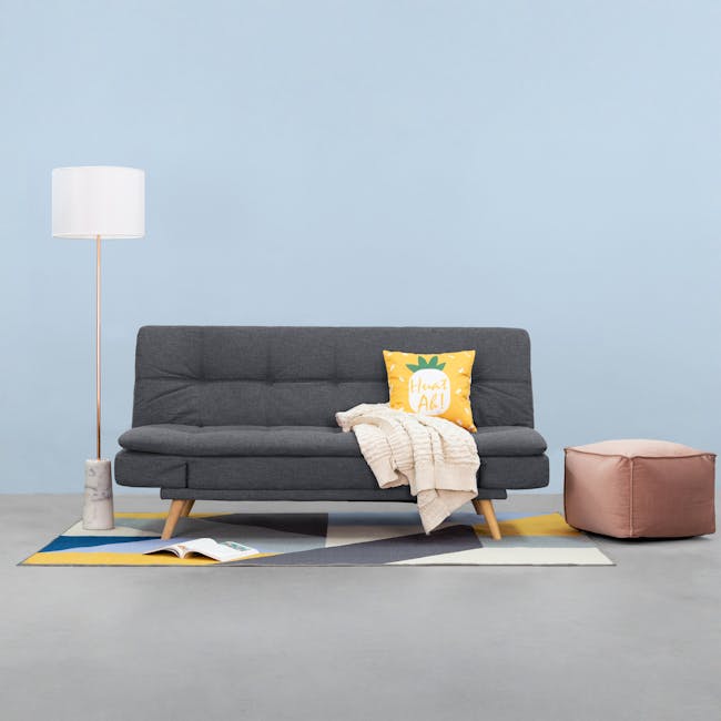 Kara 3 Seater Sofa Bed - Pigeon Grey - 9 - Gray sofa, yellow pillow, pink ottoman, white lamp, gray armchair, beige throw