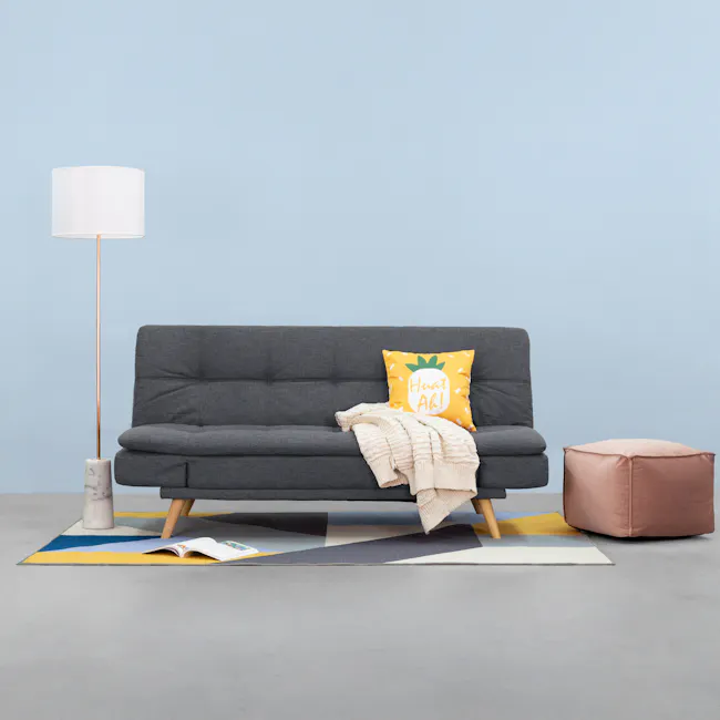 Kara 3 Seater Sofa Bed - Pigeon Grey - 9 - Gray sofa, yellow pillow, pink ottoman, white lamp, gray armchair, beige throw
