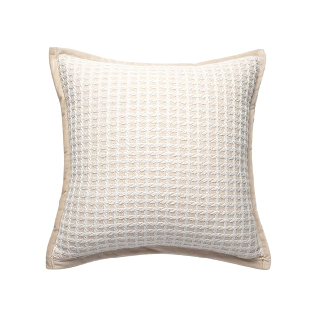 Tanisha Textured Waffle Weave Cushion - Cream - 1 - White textured crocheted pillow, beige cushion, cozy throw blanket