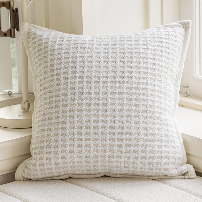 Tanisha Textured Waffle Weave Cushion - Cream - 5 - White crocheted pillow, cozy interior, soft lighting, pastel color