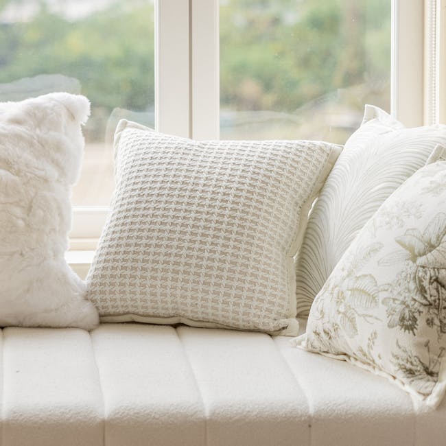 Tanisha Textured Waffle Weave Cushion - Cream - 6 - White plush pillow, textured fabric, cozy seating, soft cushions