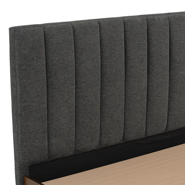 Zephyr 4 Drawer Queen Bed - Walnut, Anthracite Grey - 6 - Grey upholstered headboard, vertical paneling, modern design