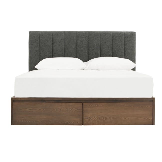 Zephyr 4 Drawer Queen Bed in Walnut, Anthracite Grey with 2 Kyoto Single Shelf Slim Bedside Table in Walnut - 2 - modern