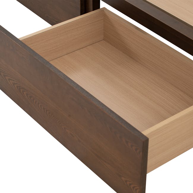 Zephyr 4 Drawer Queen Bed in Walnut, Anthracite Grey with 2 Kyoto Single Shelf Slim Bedside Table in Walnut - 11 - Wooden