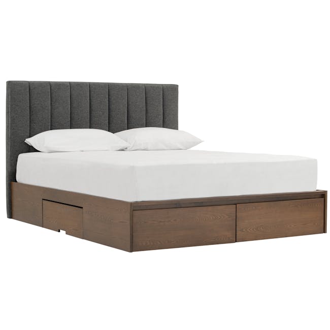 Zephyr 4 Drawer Queen Bed in Walnut, Anthracite Grey with 2 Kyoto Single Shelf Slim Bedside Table in Walnut - 3 - modern