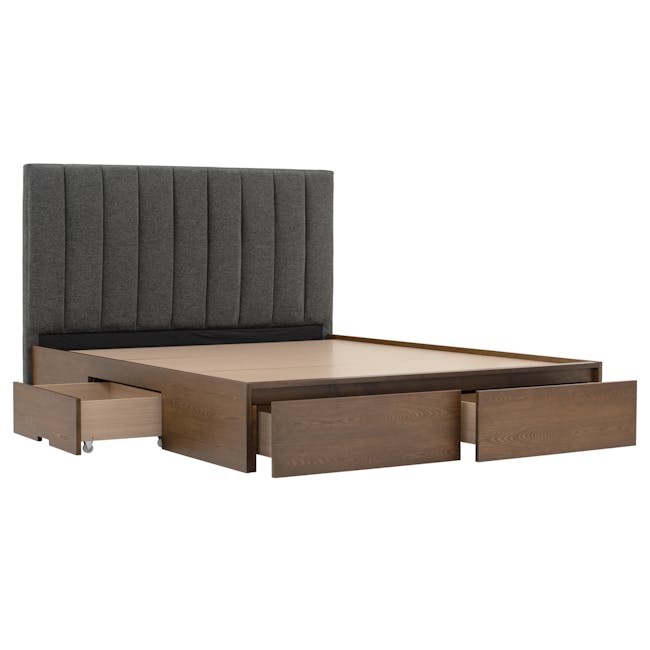 Zephyr 4 Drawer Queen Bed in Walnut, Anthracite Grey with 2 Kyoto Single Shelf Slim Bedside Table in Walnut - 5 - modern bed