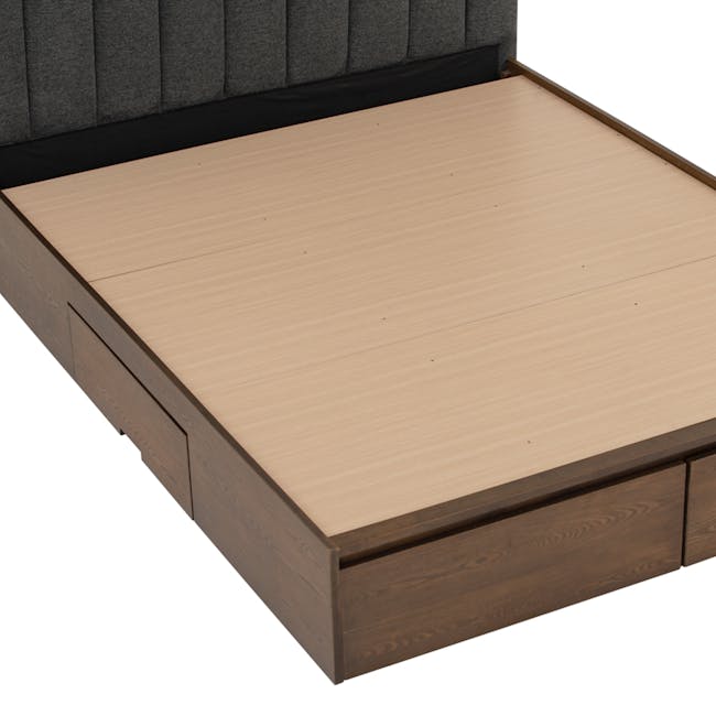 Zephyr 4 Drawer Queen Bed in Walnut, Anthracite Grey with 2 Kyoto Single Shelf Slim Bedside Table in Walnut - 8 - Wooden bed