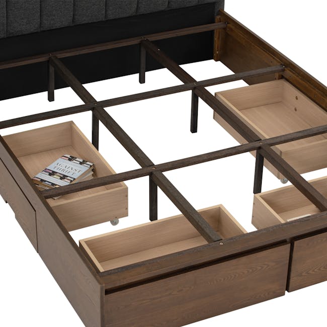 Zephyr 4 Drawer Queen Bed in Walnut, Anthracite Grey with 2 Kyoto Single Shelf Slim Bedside Table in Walnut - 9 - Wooden