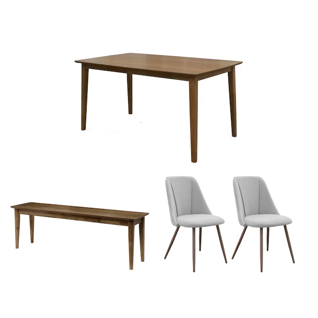 Koa Dining Table 1.5m in Walnut with Koa Bench 1.4m in Walnut and 2 Lana Dining Chairs in Walnut, Elephant Grey - 0