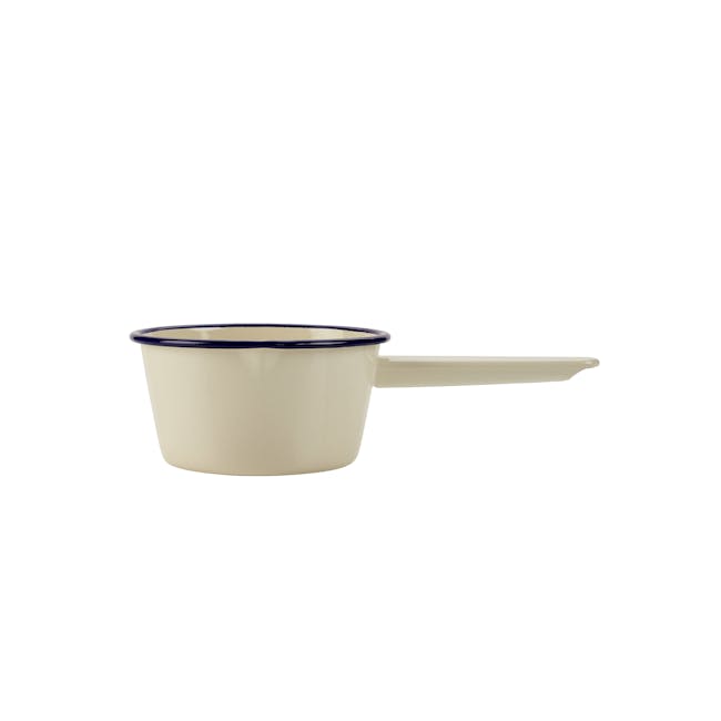 Wiltshire Enamel Milk Pan - 1 - Cream-colored ceramic pot with deep blue rim and handle, minimalist design, smooth surface